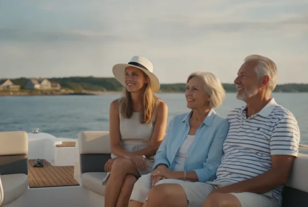 Older adults enjoying a calm, sunny boating outing with family on Massachusetts coastal waters