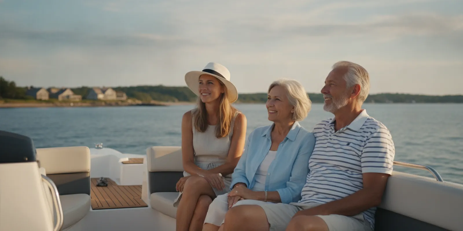 Older adults enjoying a calm, sunny boating outing with family on Massachusetts coastal waters