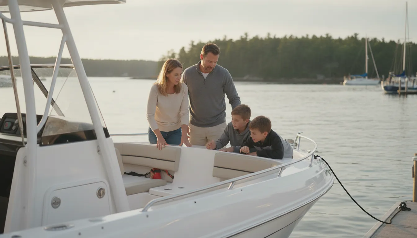 Family comparing an open-deck boat at a New England marina
