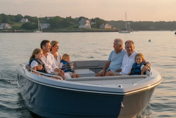 Family enjoying a bowrider boat on a New England harbor