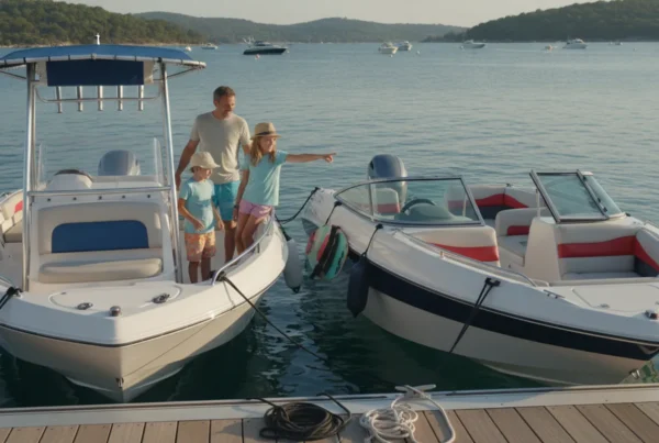 Family comparing a center-console boat and a bowrider at a sunny Massachusetts marina
