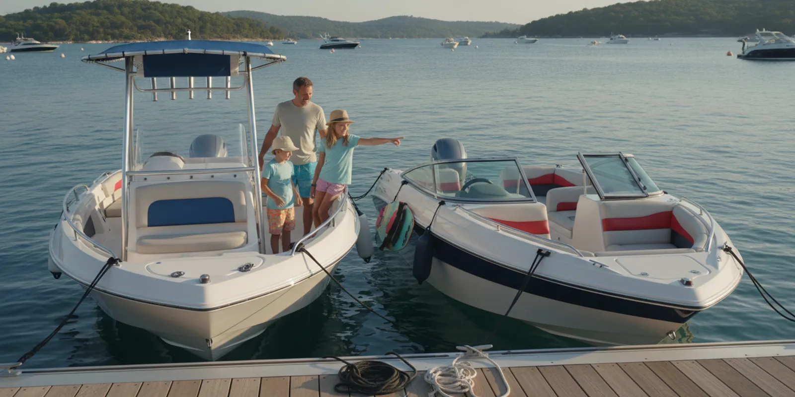 Family comparing a center-console boat and a bowrider at a sunny Massachusetts marina