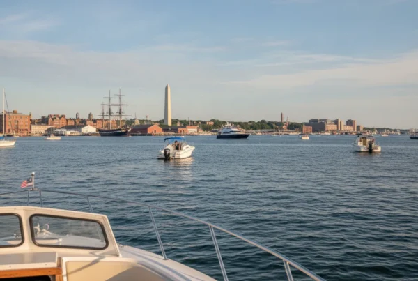 A bright daytime view of a boat moving through Boston Harbor near the Charlestown waterfront