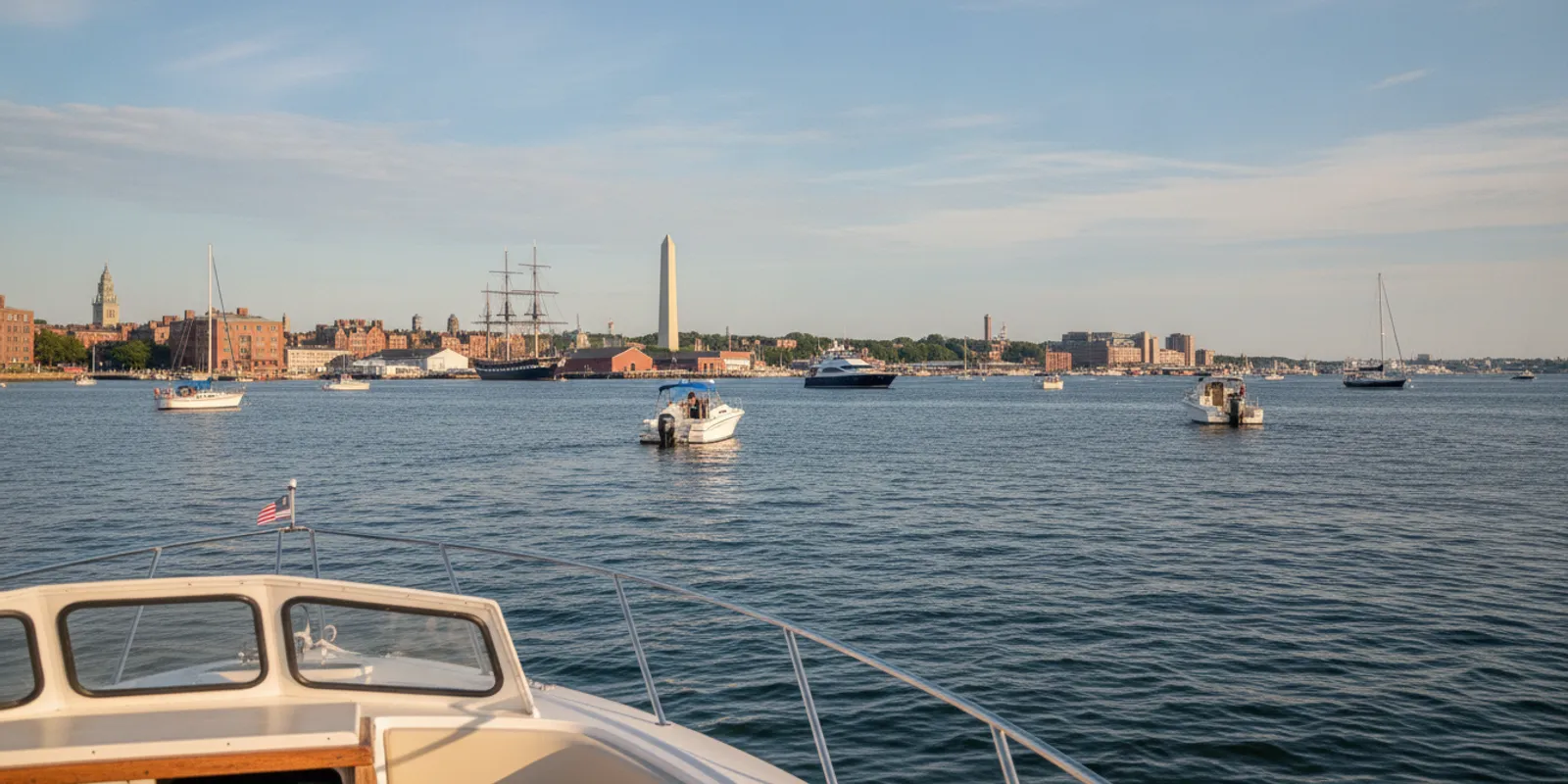 A bright daytime view of a boat moving through Boston Harbor near the Charlestown waterfront