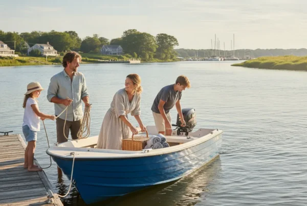 A family preparing a small recreational boat for a bright day on the Danvers River