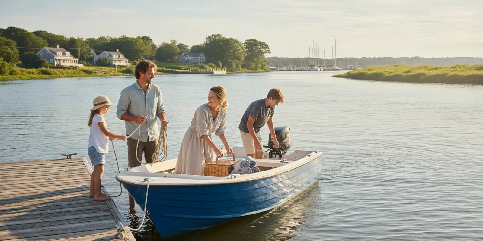 A family preparing a small recreational boat for a bright day on the Danvers River