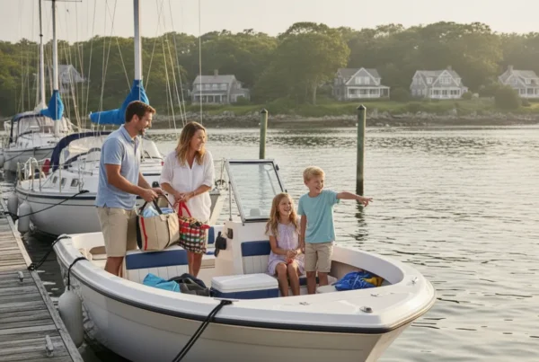 Family preparing for a boating day at a Massachusetts marina