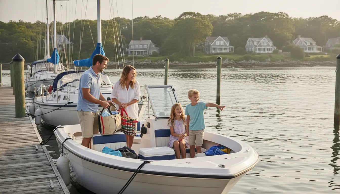 Family preparing for a boating day at a Massachusetts marina