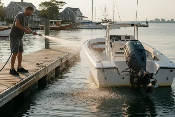Boater rinsing an outboard motor at a Massachusetts marina