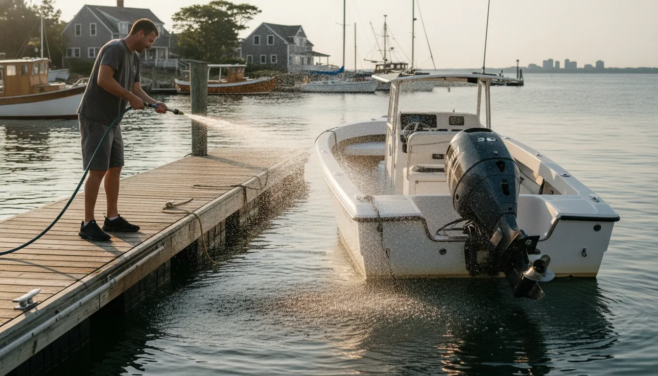 Boater rinsing an outboard motor at a Massachusetts marina
