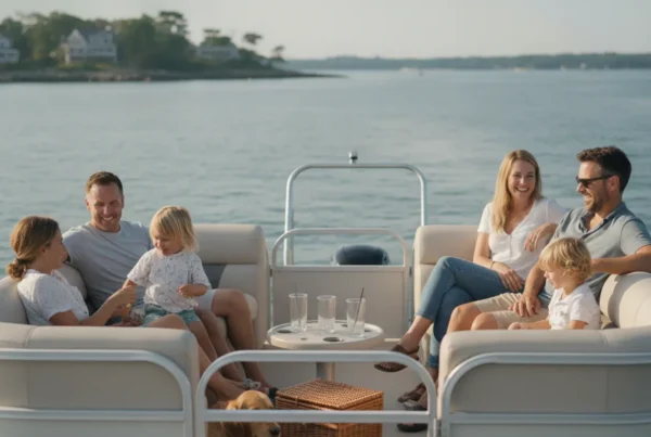 Family enjoying a bright summer day aboard a pontoon boat on Massachusetts coastal waters