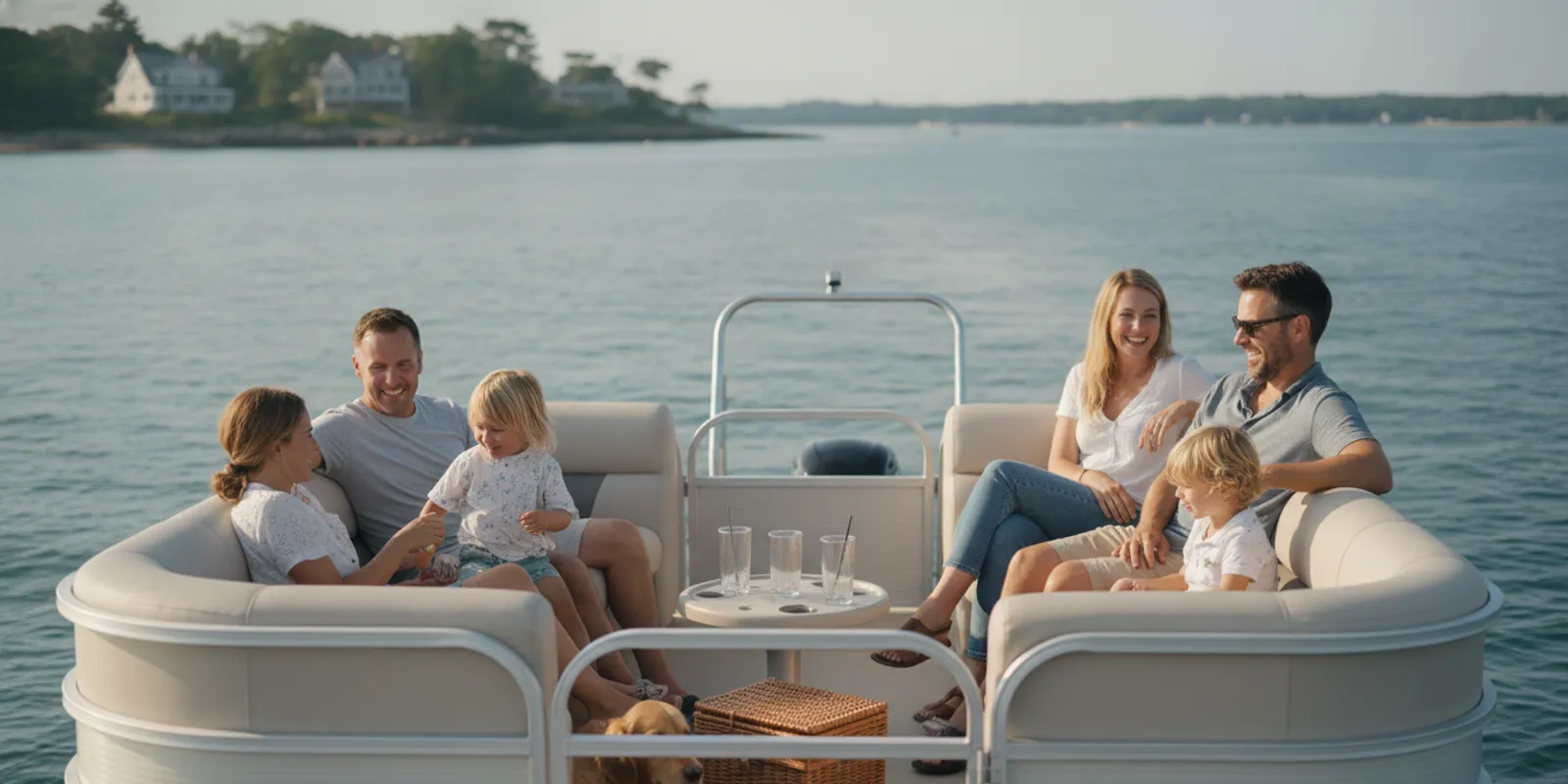 Family enjoying a bright summer day aboard a pontoon boat on Massachusetts coastal waters