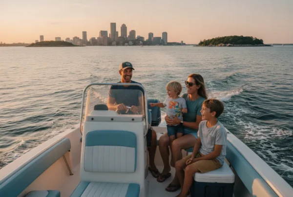 Family enjoying an open boat on Boston Harbor