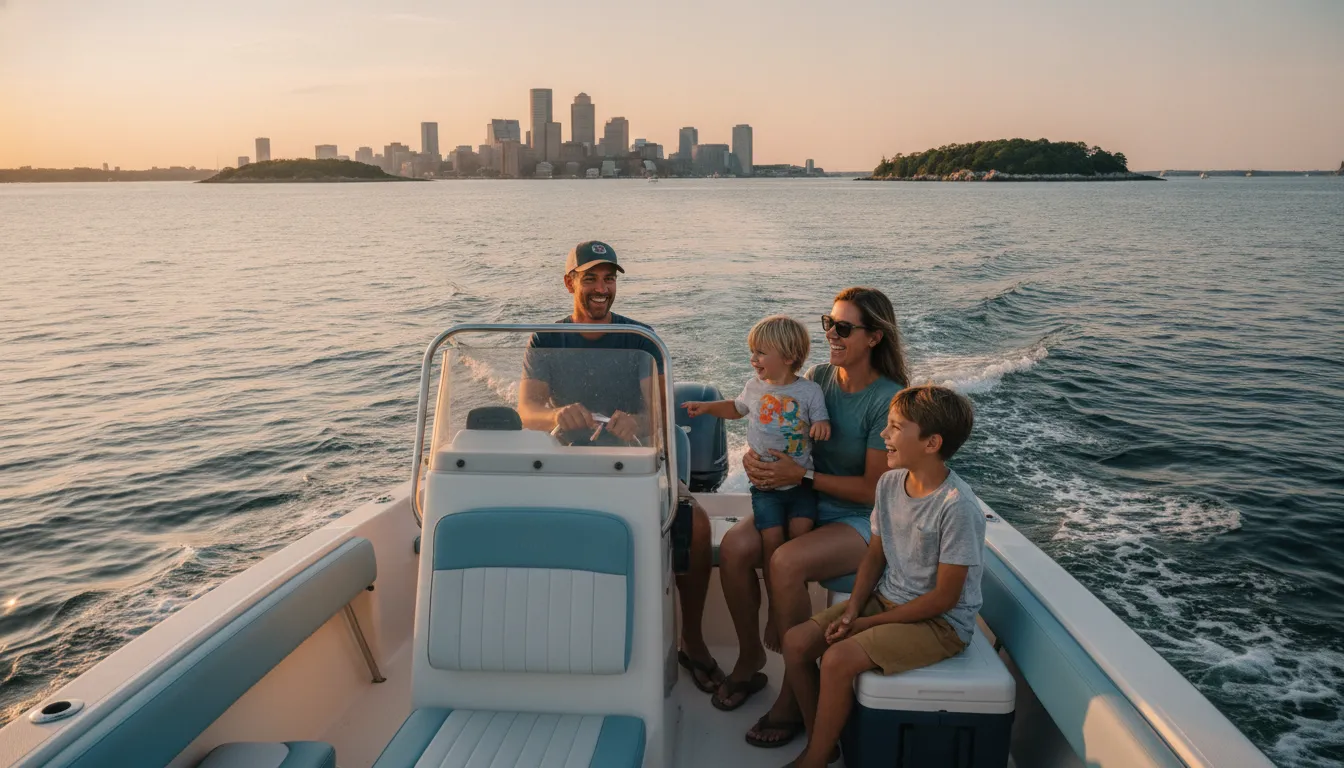 Family enjoying an open boat on Boston Harbor