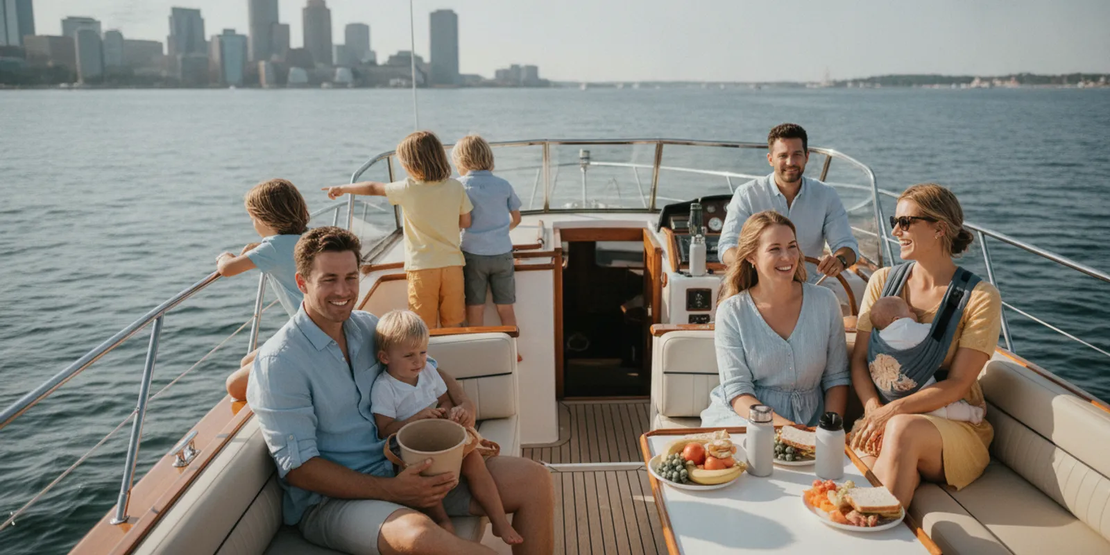 Boaters enjoying a bright day on Boston Harbor with the city skyline in the distance
