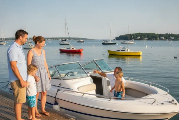 A family talking with a boat club team member beside a bright boat at a Massachusetts marina
