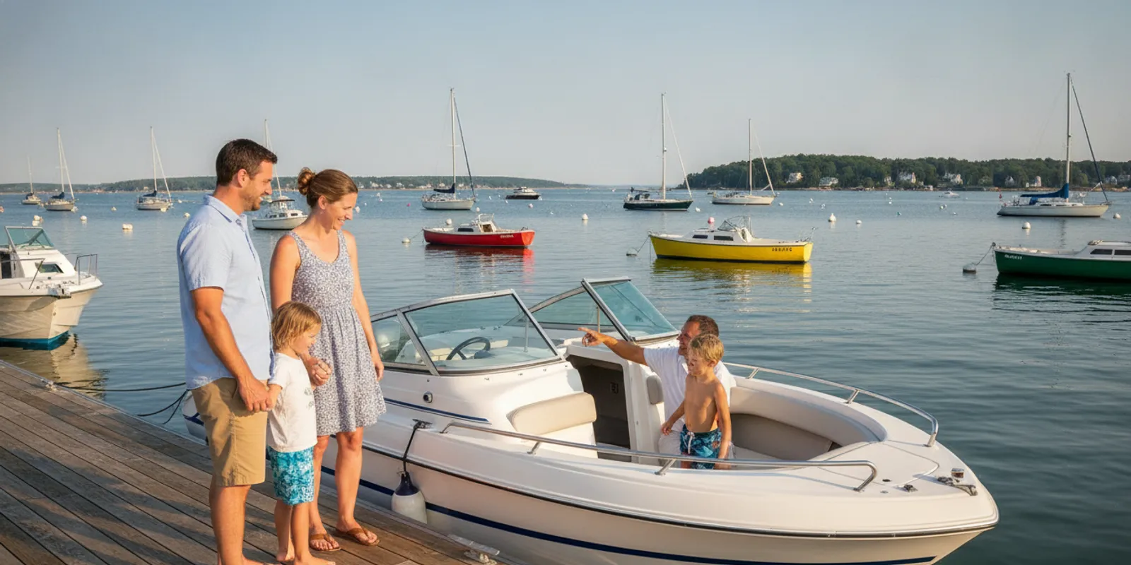 A family talking with a boat club team member beside a bright boat at a Massachusetts marina