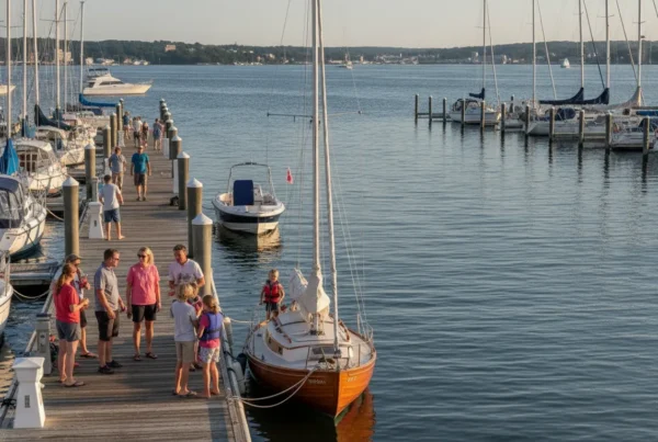 Families gathering at a New England yacht club marina