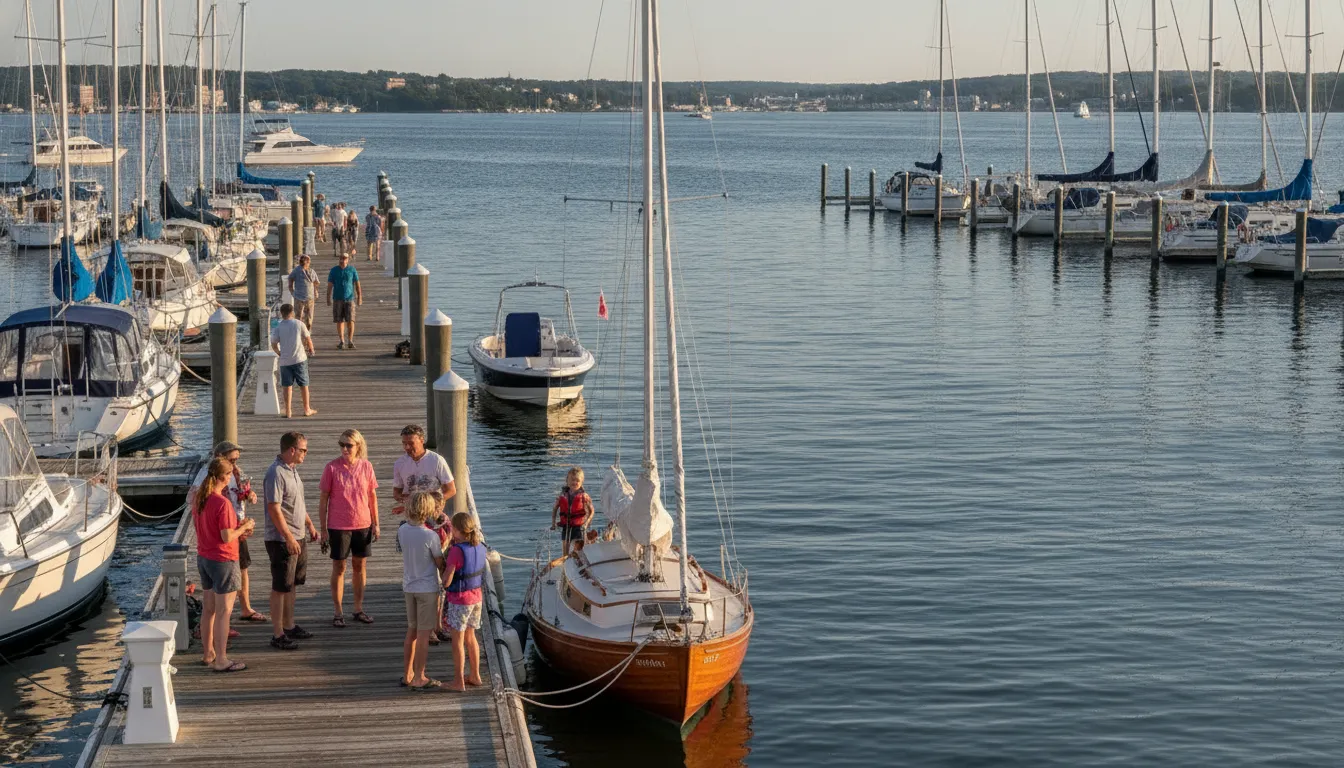 Families gathering at a New England yacht club marina